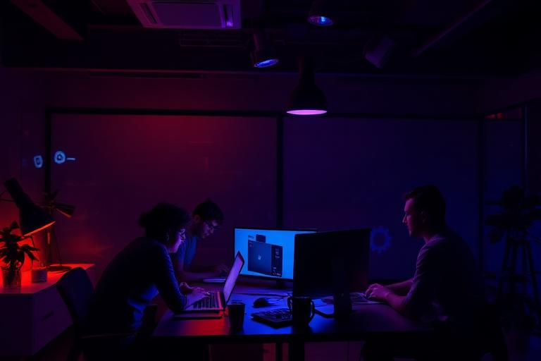 Creative agency team collaborating in a dark studio office