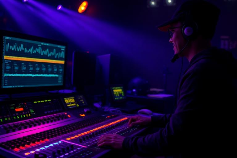 Audio engineer mixing at a console
