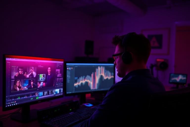 Video editor working on a timeline in an editing suite