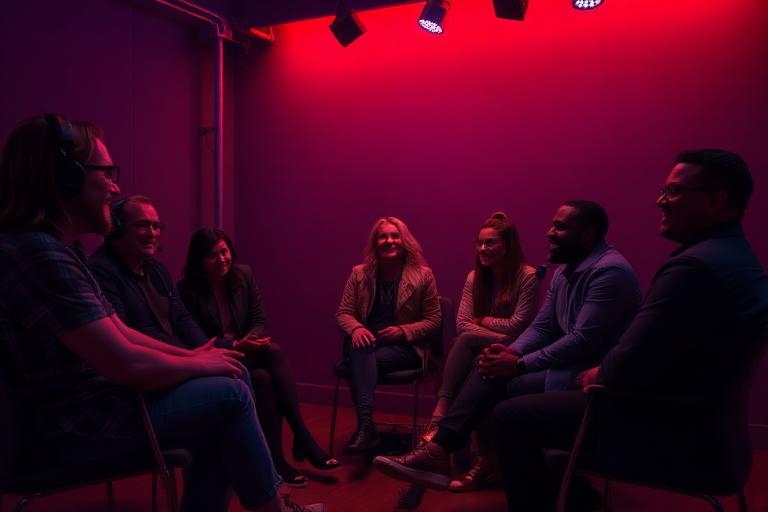Podcast guests talking in a cinematic studio