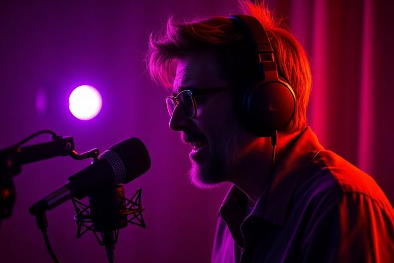 Podcast host recording into a broadcast microphone