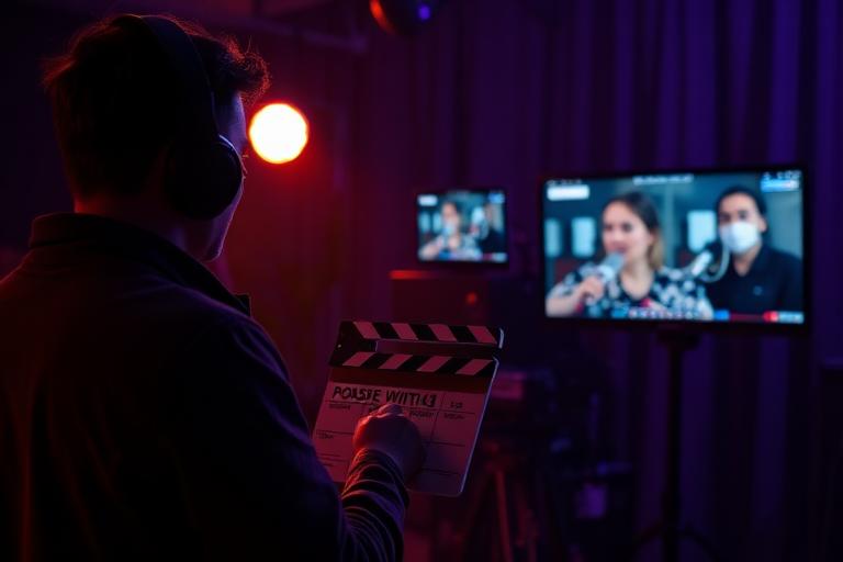 Producer directing a podcast shoot behind monitors